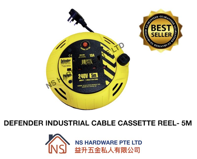 Defender Industrial Cable Extension Cassette Reel- 5M or 10M Length / Retractable Cable Reel - Obbo.SG