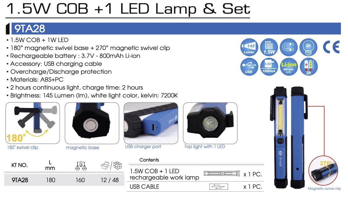 King Tony 9TA28 Handheld Rechargeable LED Pen Light Set Work Lamp with Magnetic Base - Obbo.SG