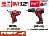 Milwaukee M1218 BPP2L-202X M18 Hammer Drill and M12 Impact Driver Combo Set c/w Batteries Charger - Obbo.SG