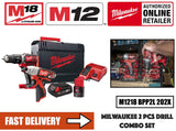 Milwaukee M1218 BPP2L-202X M18 Hammer Drill and M12 Impact Driver Combo Set c/w Batteries Charger
